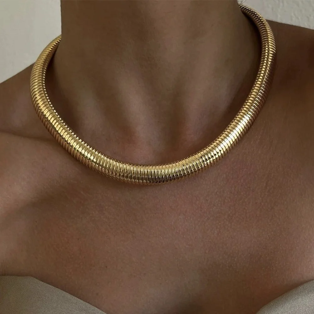 Waterproof  Fashion Jewelry 10mm Stretch Necklaces Gold Plated Vintage Gypsy Chunky Choker Stainless Steel Necklace For Women