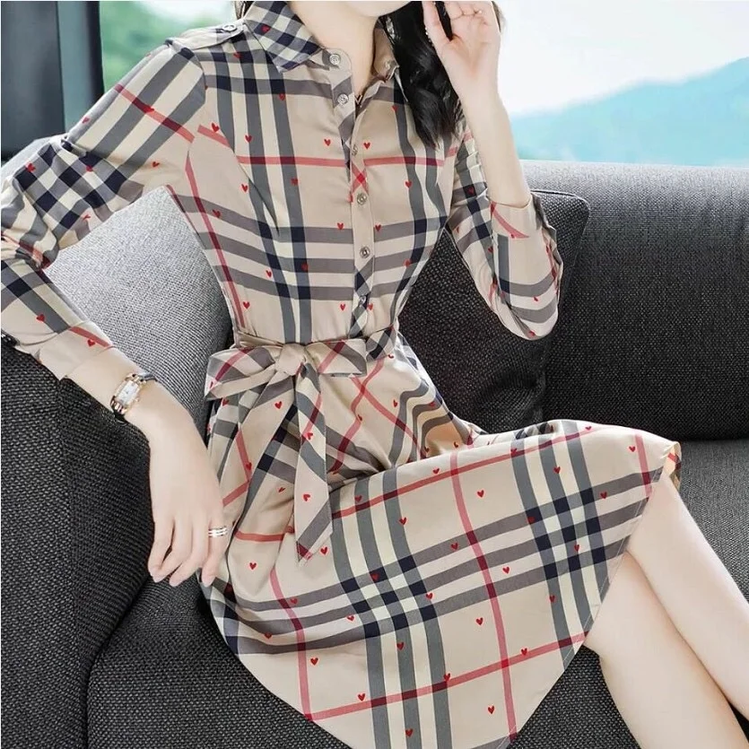 

Spring and Autumn Women's Long Shirt Dress with Belt Long Sleeve Plaid Korean Dresses