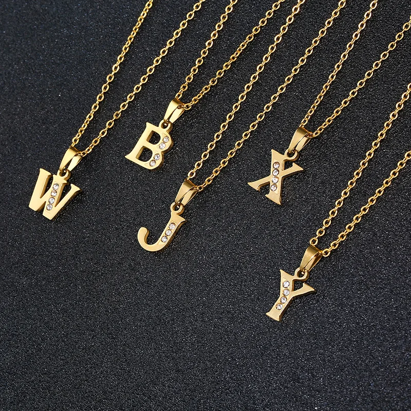 

Men&Women Stainless Steel Diamond 26 Letter Charm Necklace Gold Plated Full 26 Initial Letter Pendants Clavicle Chain Necklace