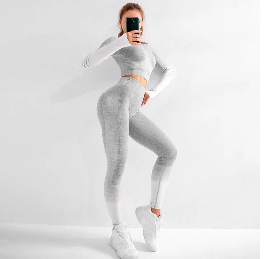 

aola Women Two Piece long sleeve anf leggings Activewear Set, Gray/orange/pink