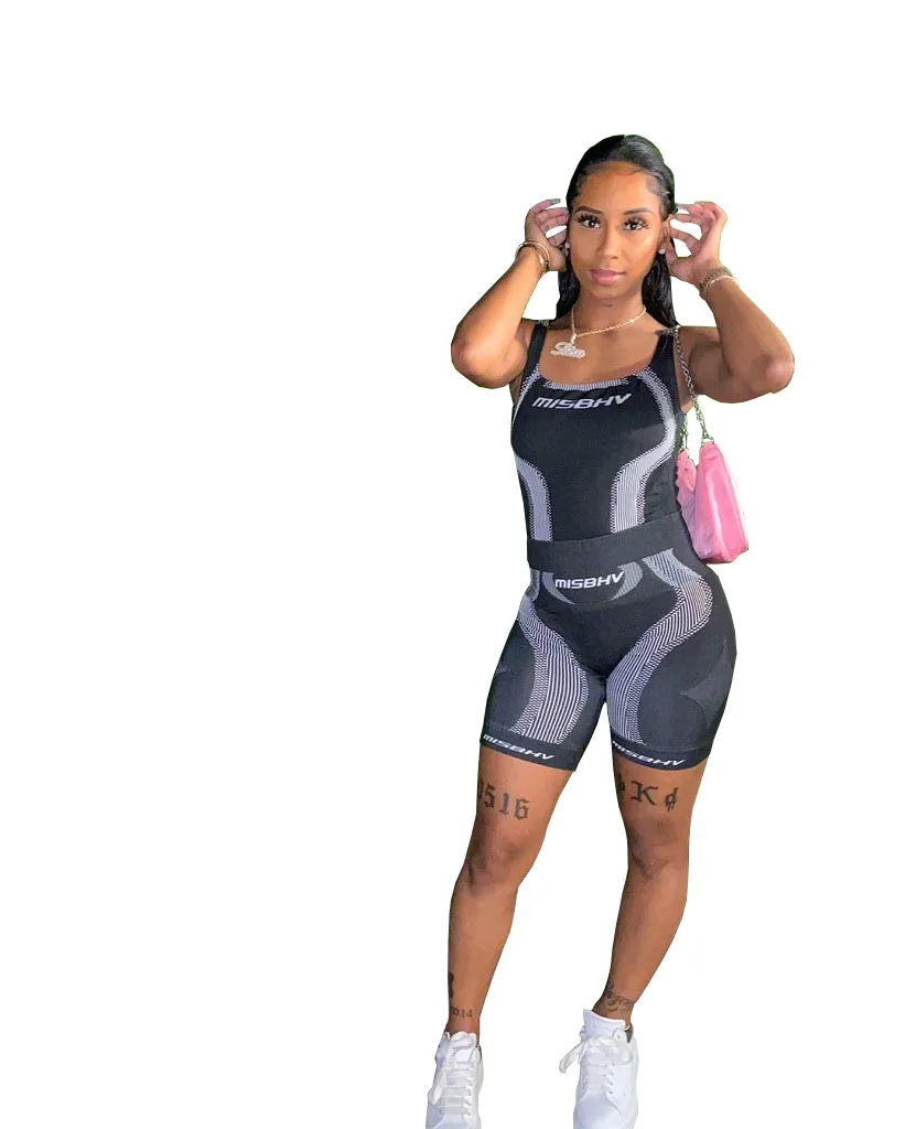 

Private Label Summer Digital Printing Jogging Sets Tracksuit Skinny Two Piece Biker Short Set