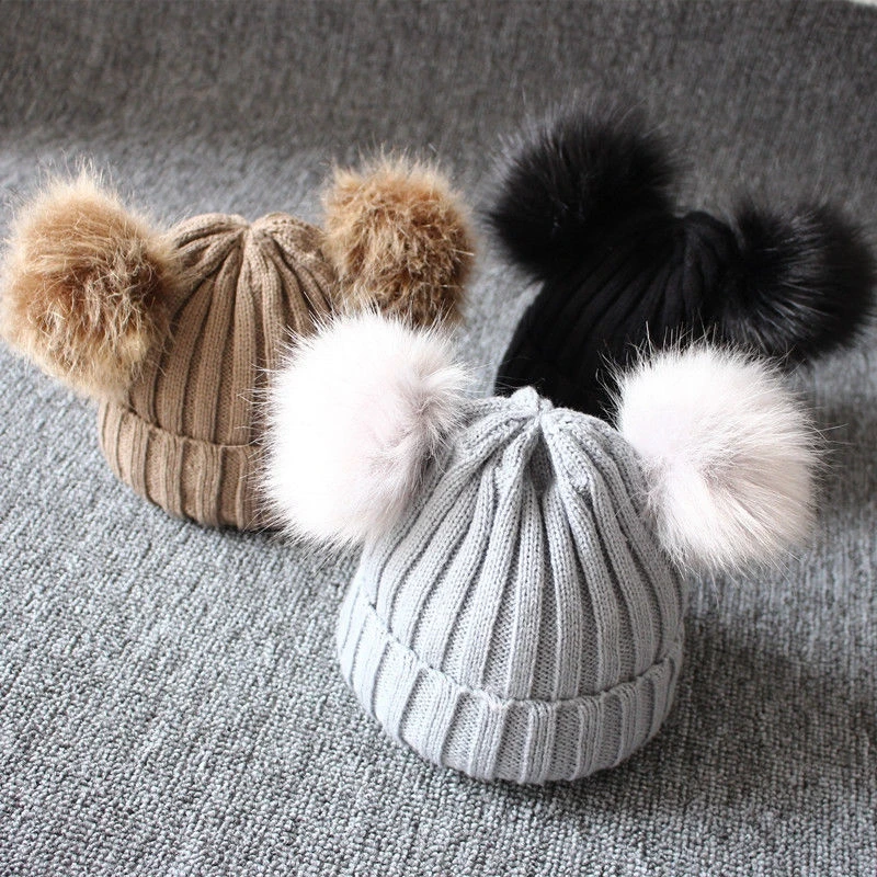 
2019 Brand New Newborn Baby Kids Girls Boys Winter Warm Knit Hat Furry Balls Pompom Solid Warm Cute Lovely Beanie Cap Gifts 