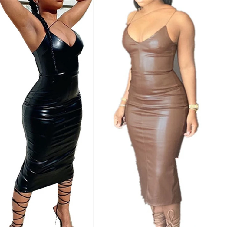 

2021Trending Product Lady Fashion Leather Midi Dress
