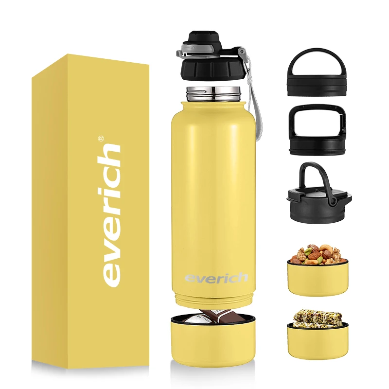 

Everich Stainless Steel Wide Mouth Water Bottle Extra Snack Bowl on The Bottom Insulated Sports Thermo Flask Water Bottle