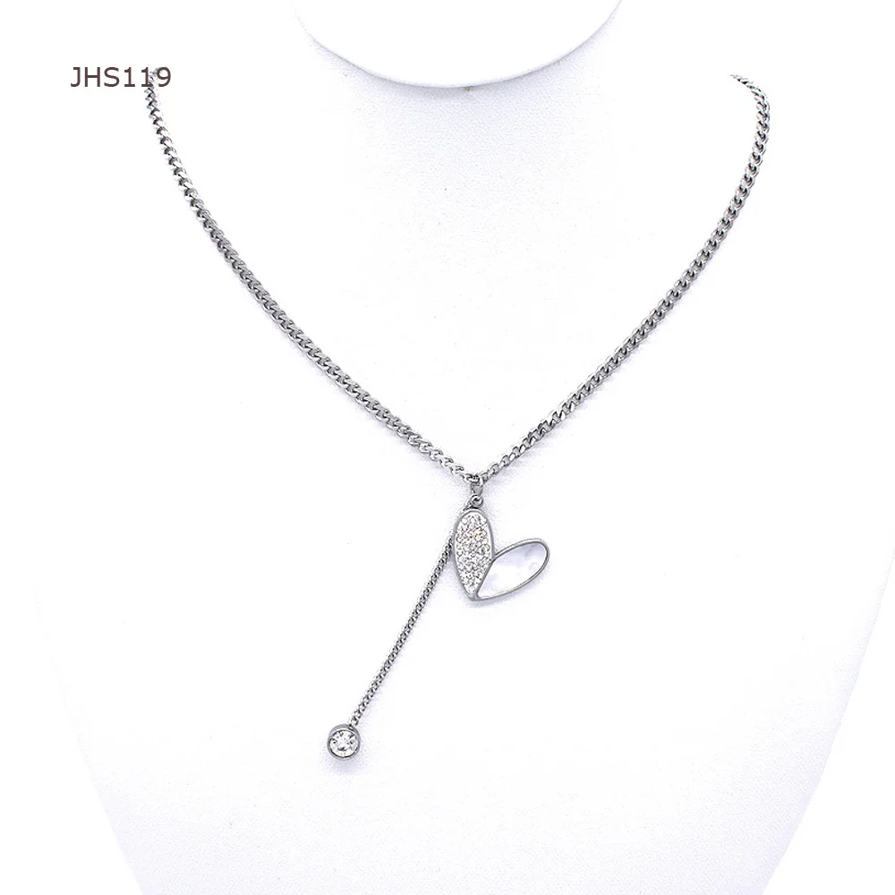 

JHS119 stainless steel couple necklace Zircon Butterfly Pendant 3mm Cuban Chain Stainless Steel Necklace for Women, Silver