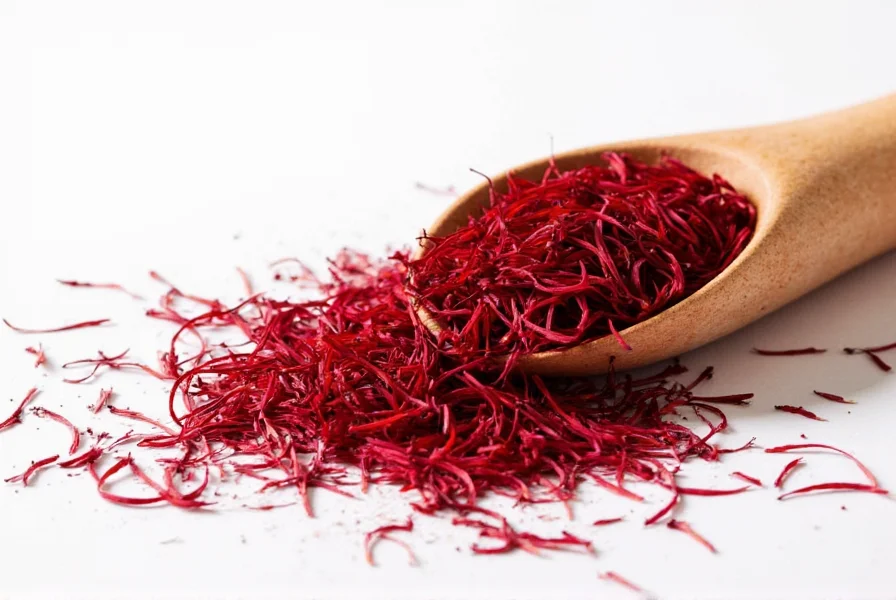 Chef's hands measuring saffron threads into a small mortar for grinding