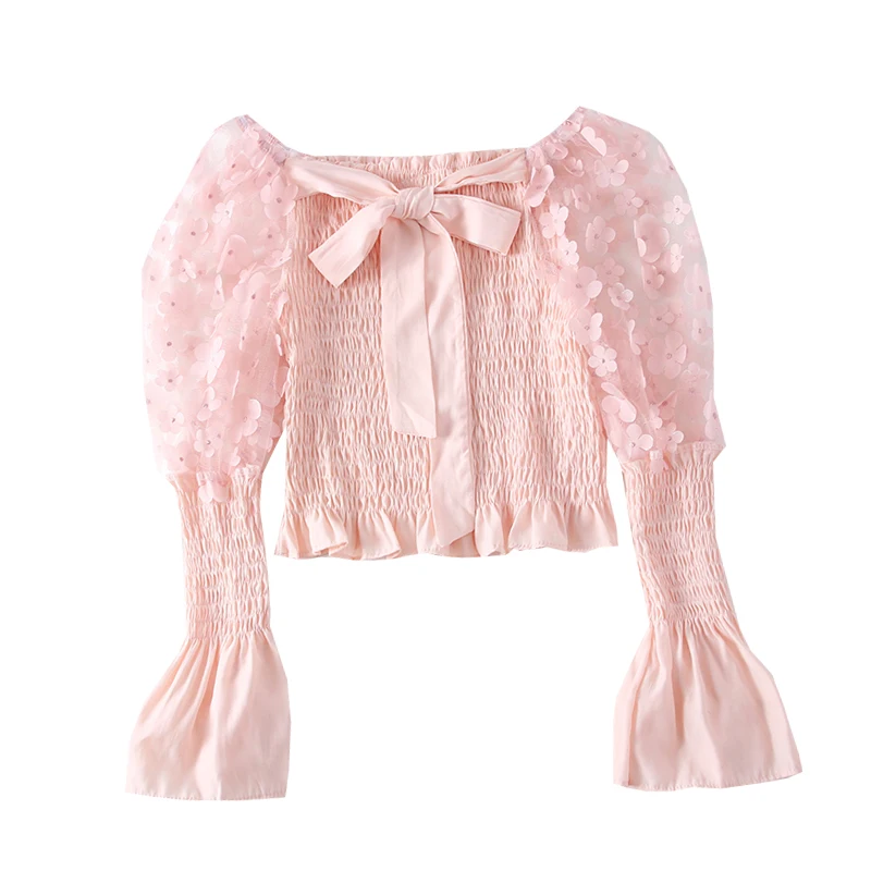 

French Vintage Flower Mesh Patchwork Puff Sleeve Blouse Women Sweet Bowknot Off Shoulder Short Shirts Sexy Streetwear Tee Tops