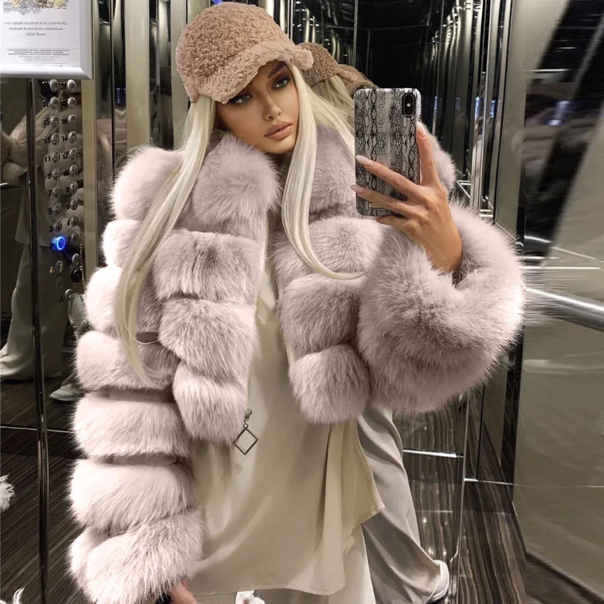 

Faux Fox Fur Coat Women Winter Luxury Overcoat Fur Jacket Outerwear Short Fur Coat 3/4 Sleeve Plush Thick 2020 Outwear