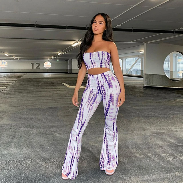 

Chic Off The Shoulder Two Pieces Outfits Tie Dye Printing Pants Set Cropped Top With Flare Pant Set For Girls -SM, Purple,white