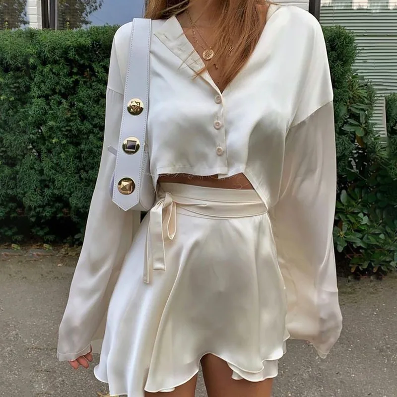 

2021 New Summer White Dress Casual Satin Two-piece Set Ladies O-neck Button Top Bandage Pencil Skirt Costume Fashion Party Set