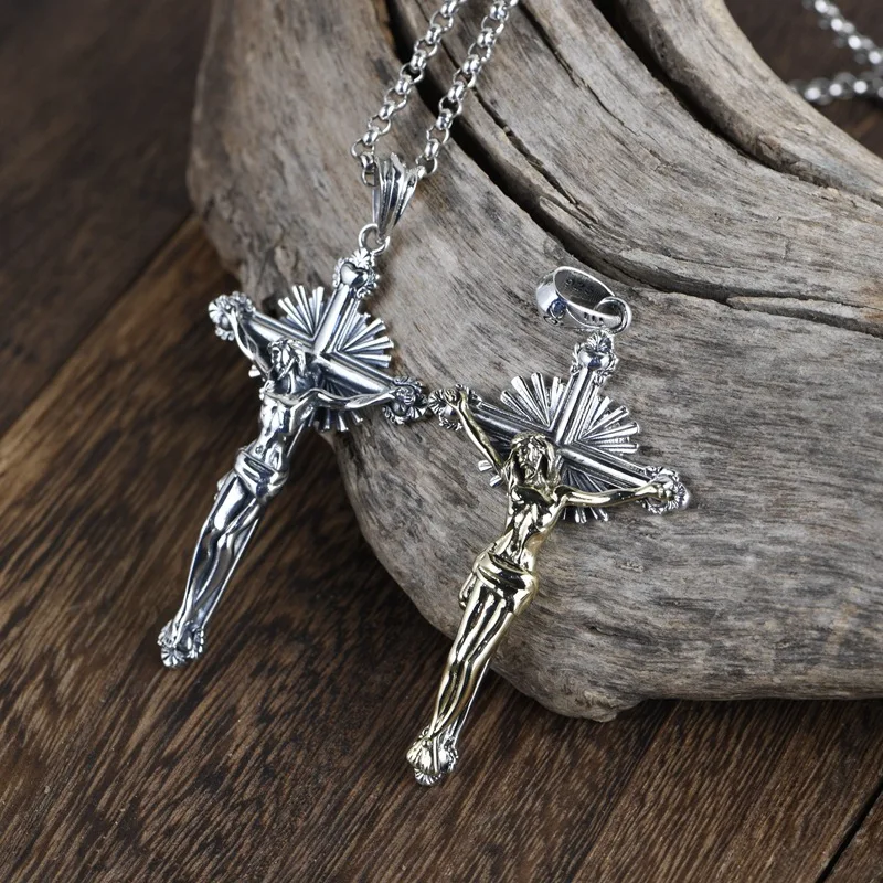 

Genuine Sterling Silver 925 Catholic Crucifixes Pendant Male Retro Antique Prayer Religious Jewelry