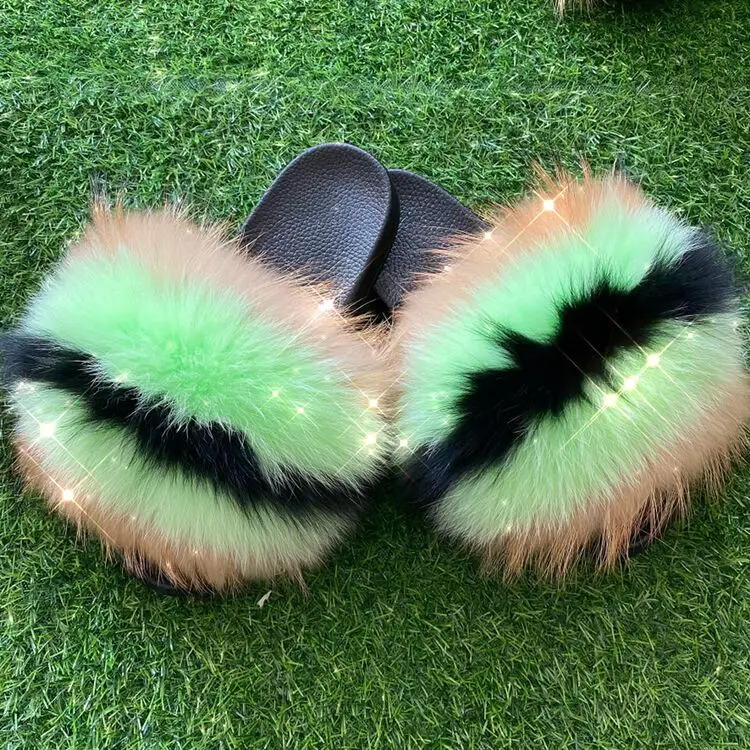 

factory wholesale real fur slides furry colorful fur house slides slippers, Customized color