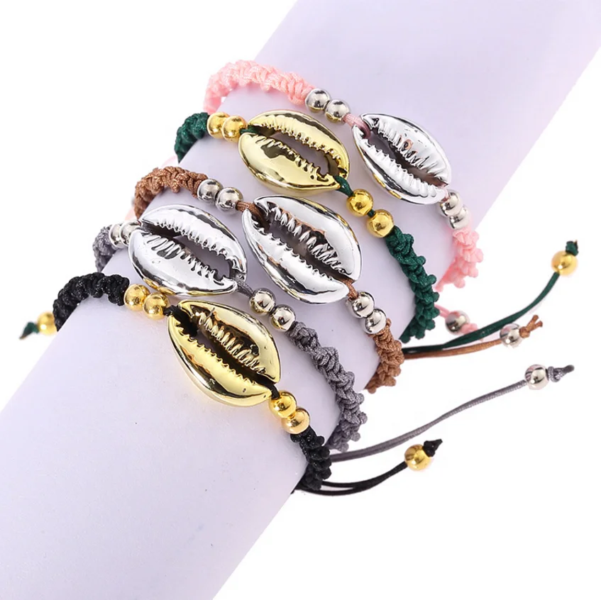 

Summer Bohemian gold silver color shell rope line manual knot knotted braided hand pullable Adjustable Beach Bracelet gift, Picture