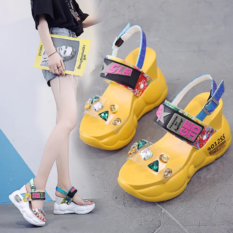 

Heel Sandals Women Shoes New Summer Sandals Women's Muffin Bottom Diamond Transparent Beach Shoes high heel sandals for women