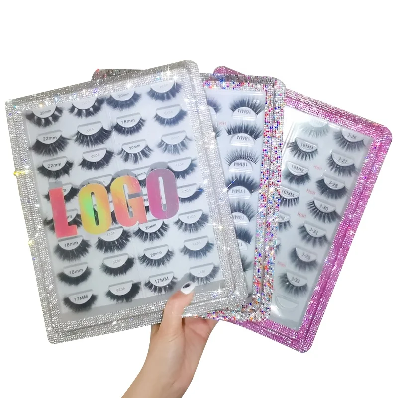 

Private Label mix styles mink eyelashes faux mink lashes book with 16 pairs rhinestones colorful glitter lash tray wholesale, 11 kinds of color