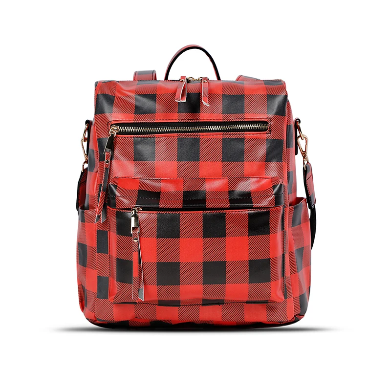 

Woman Backpack Fasion Personalized Pu Leather Buffalo Plaid Backpack Bag For Women, As pics show