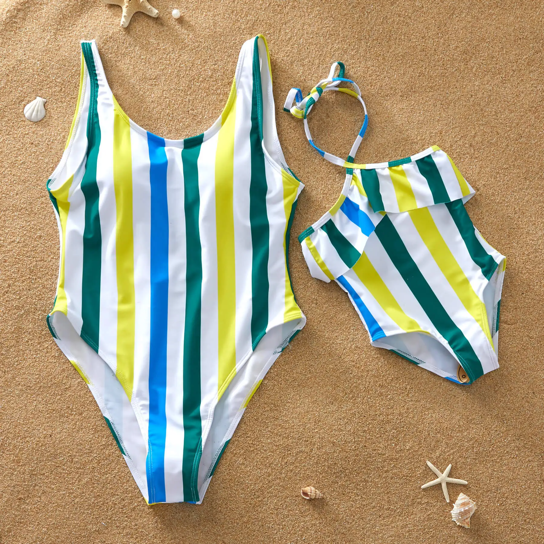 

Summer 2021 Mommy And Me Swimsuits Stripe Printed Family Bathing Suits One Piece Ruffles Bikini Mother And Daughter Swimwear
