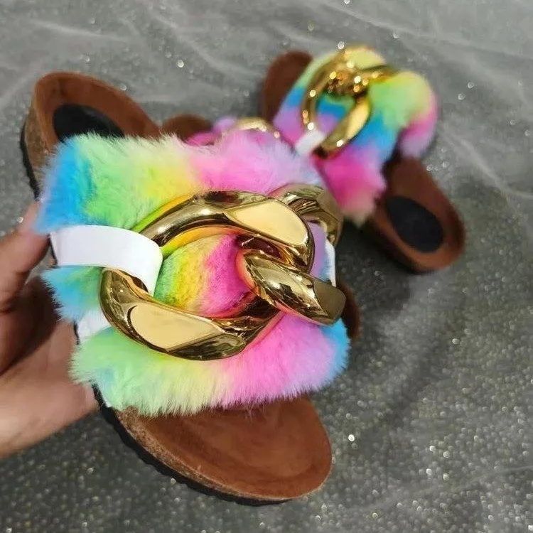 

2021 Casual Women's Flat Jelly Footwear Slide Lady Tie Dye Fur Slipper Outdoor PU Platform Sandal New Design Fashion Wedge Shoe