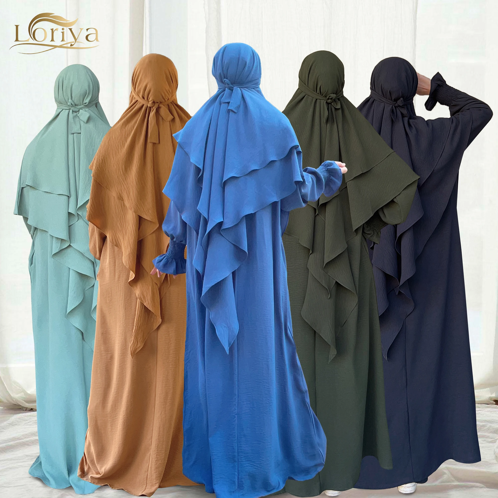 Drop Shipping Loriya New Flower Elastic Sleeve Modest Abaya Dress with 2 Layers Khimar Islamic Clothing Muslim Women 2pc Abaya S