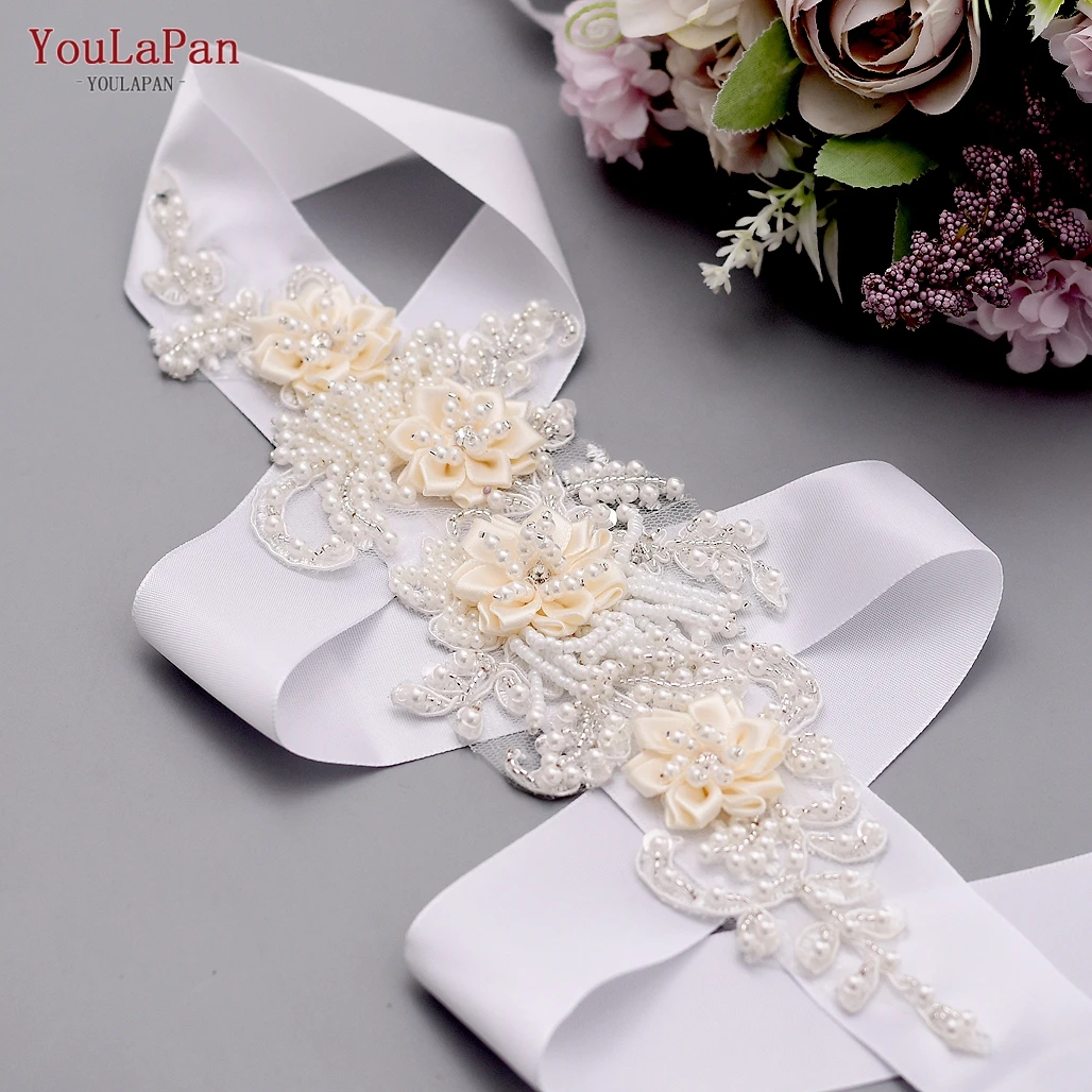
YouLaPan S346 Wholesale Tassel Bridal Belt with Chiffon Flower Pearls on Wedding 