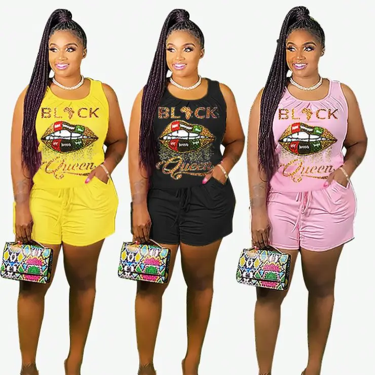 

Amazon Fashionable 2021 Summer Lips printed Tank Top And Pants Plus Size Women 2 Piece Shorts Set