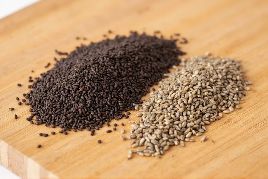 Close-up photography of black cumin seeds (nigella sativa) next to regular cumin seeds showing size and color differences on wooden cutting board