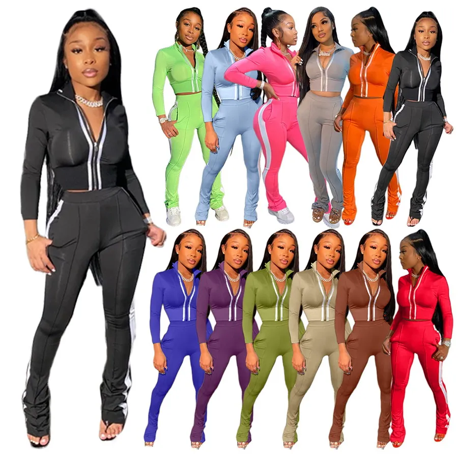 

Foma AC8199 fall clothing 2021 lady sportswear tracksuits zipper top and long pants two 2 piece pants jogger set for women, 12 colors