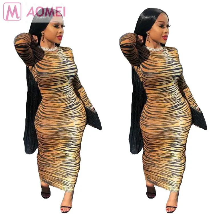 L5008 latest design zabra stripe autumn women ladies new fashion maxi dress
