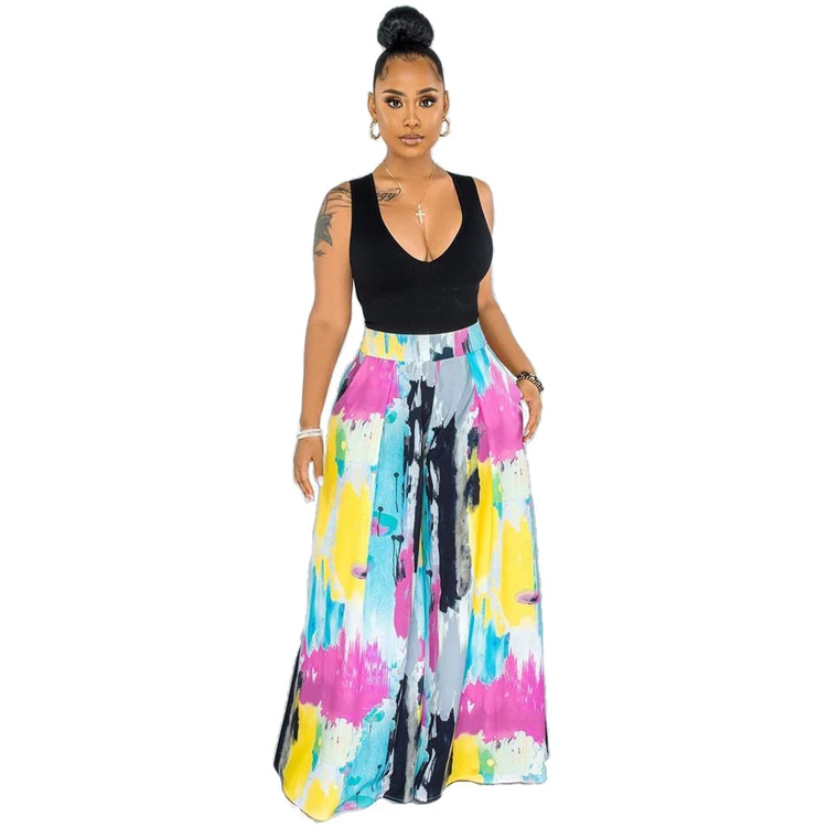 

Summer women boho floral wide leg pants elastic high waist loose casual ink splash design beach wide leg pant culottes