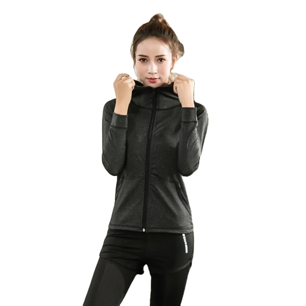 

Nylon Popular quick dry fitness coat outdoor sports running slim hooded zip long sleeve yoga blouse for women 82010408AW, As picture