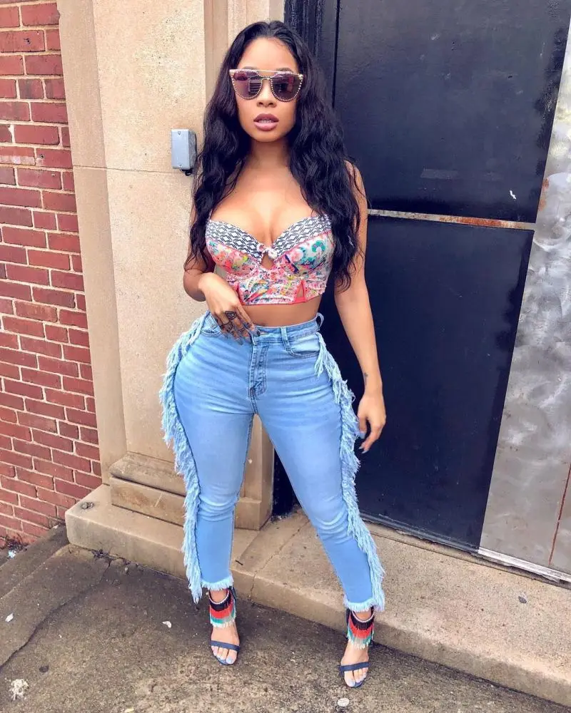 

Fashion fall streetwear women blue slim fit jeans denim trousers