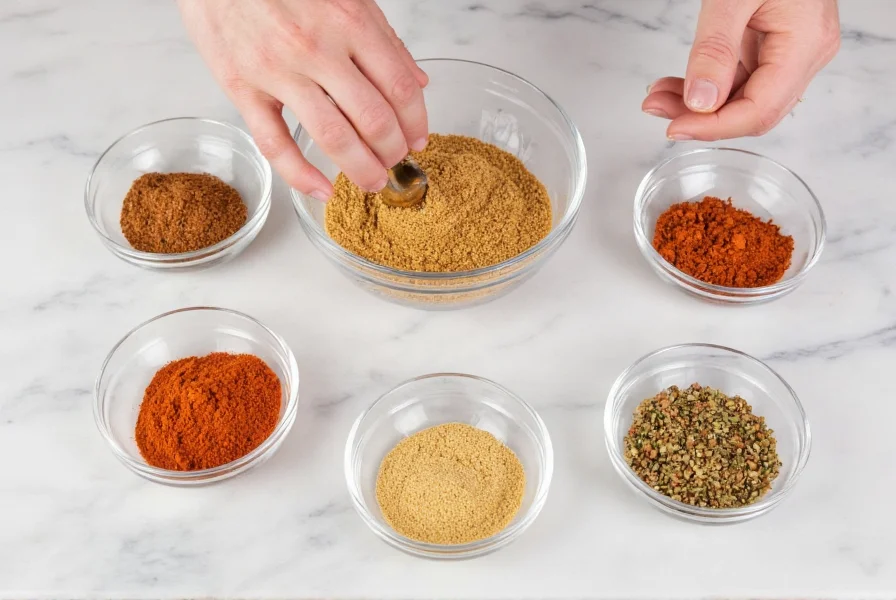 Hand mixing various spices in small bowls to create homemade cumin substitute blend on marble kitchen counter