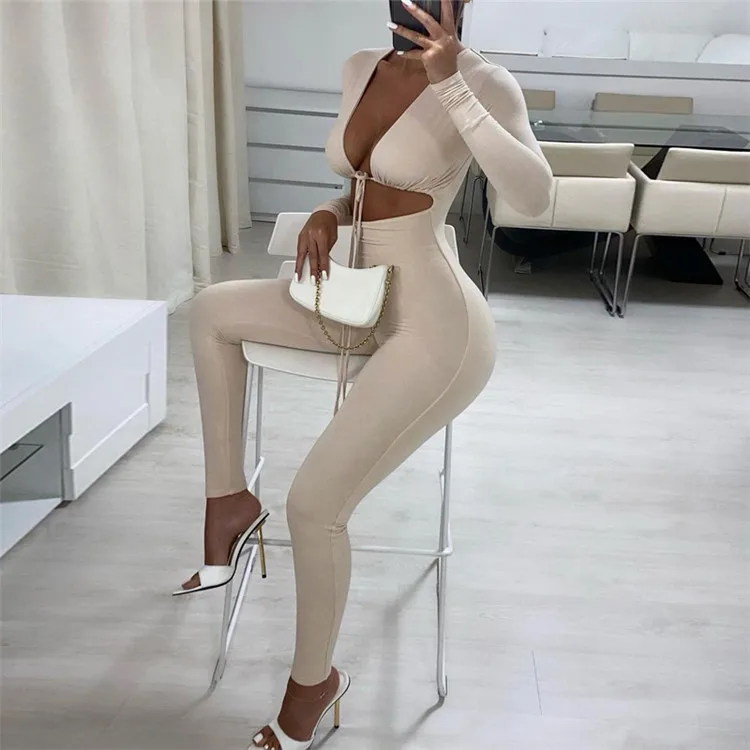 

Fashion Ladies Bodycon One Piece Jumpsuit Long Sleeve Cut Out Autumn Sexy Womens Playsuit, Picture shown