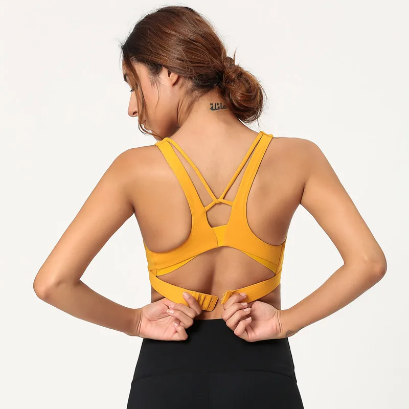 

2019 New Soft High Impact Yoga Bra Mesh Stitching Tank Top Back Double Row Buckle Yoga Top, Pictures shows