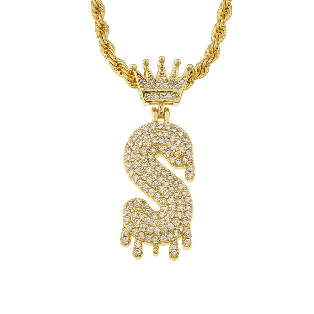 

Custom Necklace hip hop jewelry copper micro inlaid zircon crown water drop 26 English letter women Charm Necklace