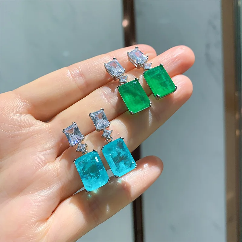 

Vintage Rectangle Emerald Diamond Drop Earrings Top Quality Platinum Plated Blue Paraiba Tourmaline Zircon Dangle Earrings