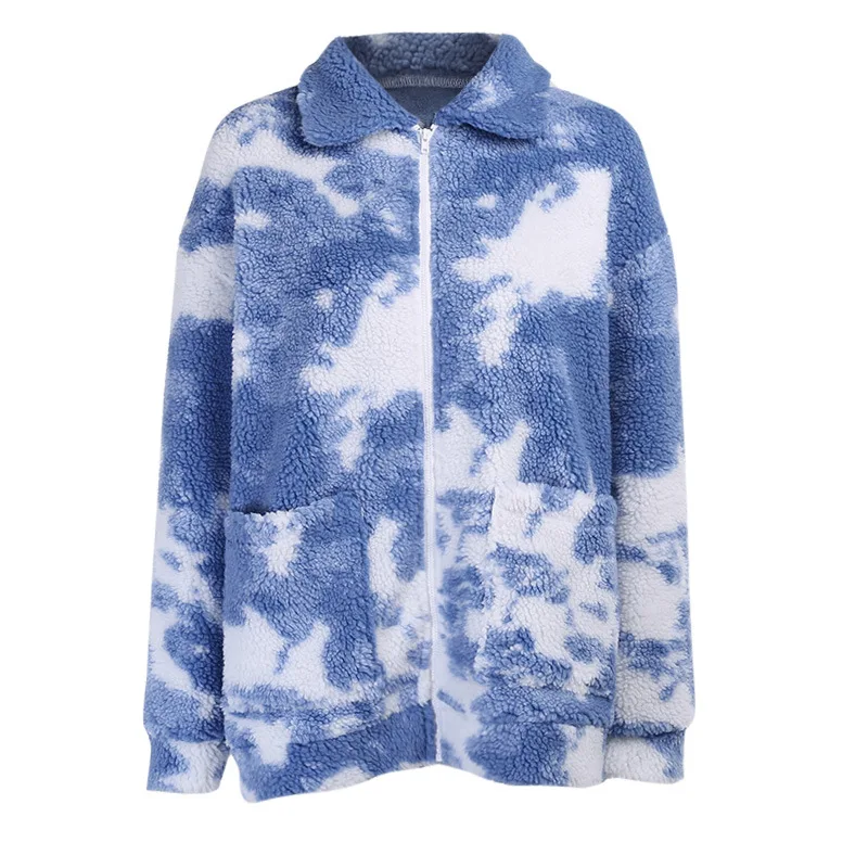 

New Style Tie-dye Long-sleeved Lamb Velvet Zipper Lapel Coat Jacket Autumn And Winter