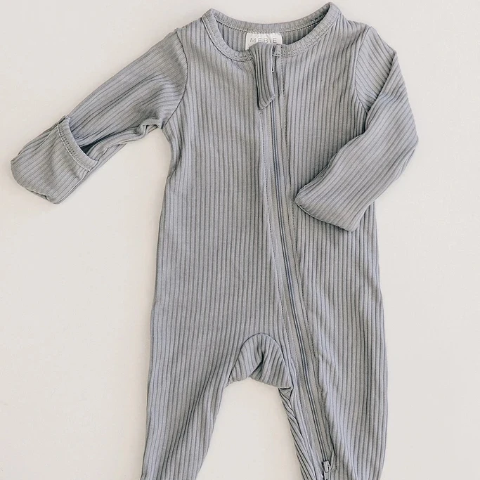 

High Quality Grey Ribbed Footed One-piece Zipper 100% Organic Cotton Playsuit, As the pic show