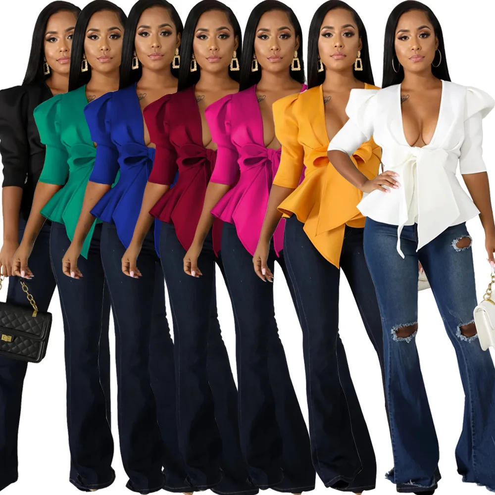 

New Summer Women's Clothing European and American Fashion Sexy Ruffled Hem Cardigan Lace-up Jacket, Picture
