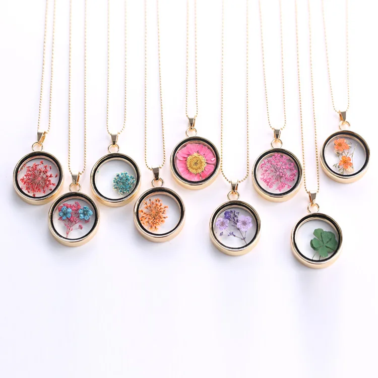 

RTS 2021 Korean Creative Personality Round Pendant Colorful Specimen Diy Locket Natural Dry Flower Necklace Jewelry for Women