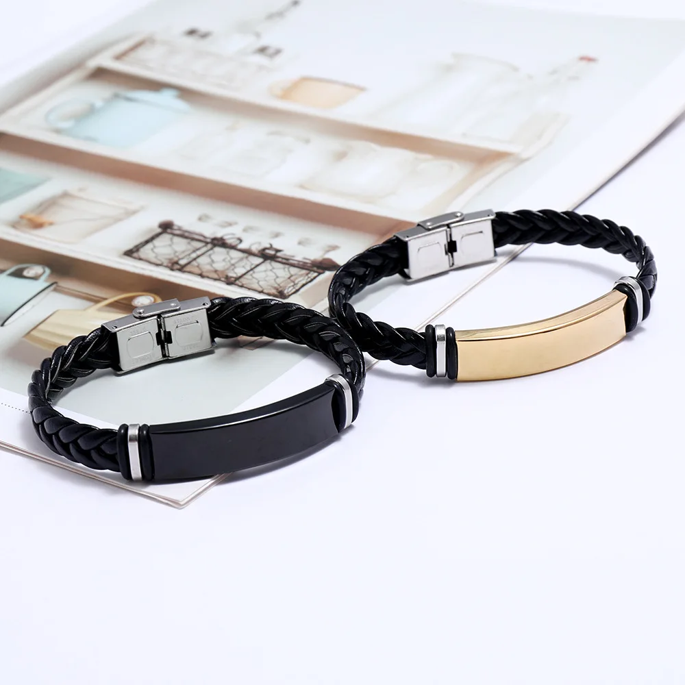 

Gold Unisex Bulk Stainless Steel And Black Leather Rope Wrap Slide Wristlet Punk Men Bangle Bracelet, Gold,steel,black