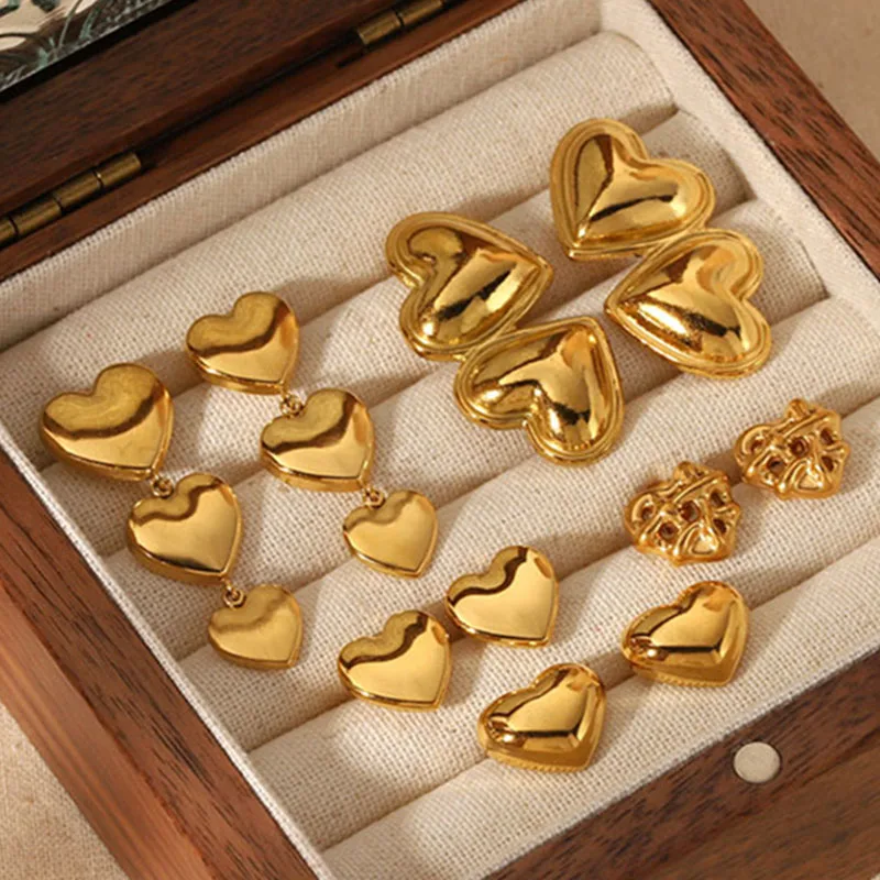 

Luxury Trendy Double Heart Shaped Earrings 18K Stainless Steel Gold Plated Smooth Drop Earrings For Women