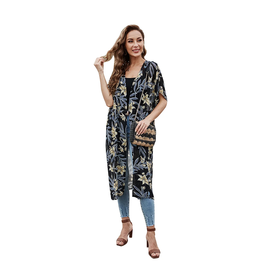 

Custom Ladies Tropical Print short Sleeve Maxi Side Slits Navy Kimono, Colors