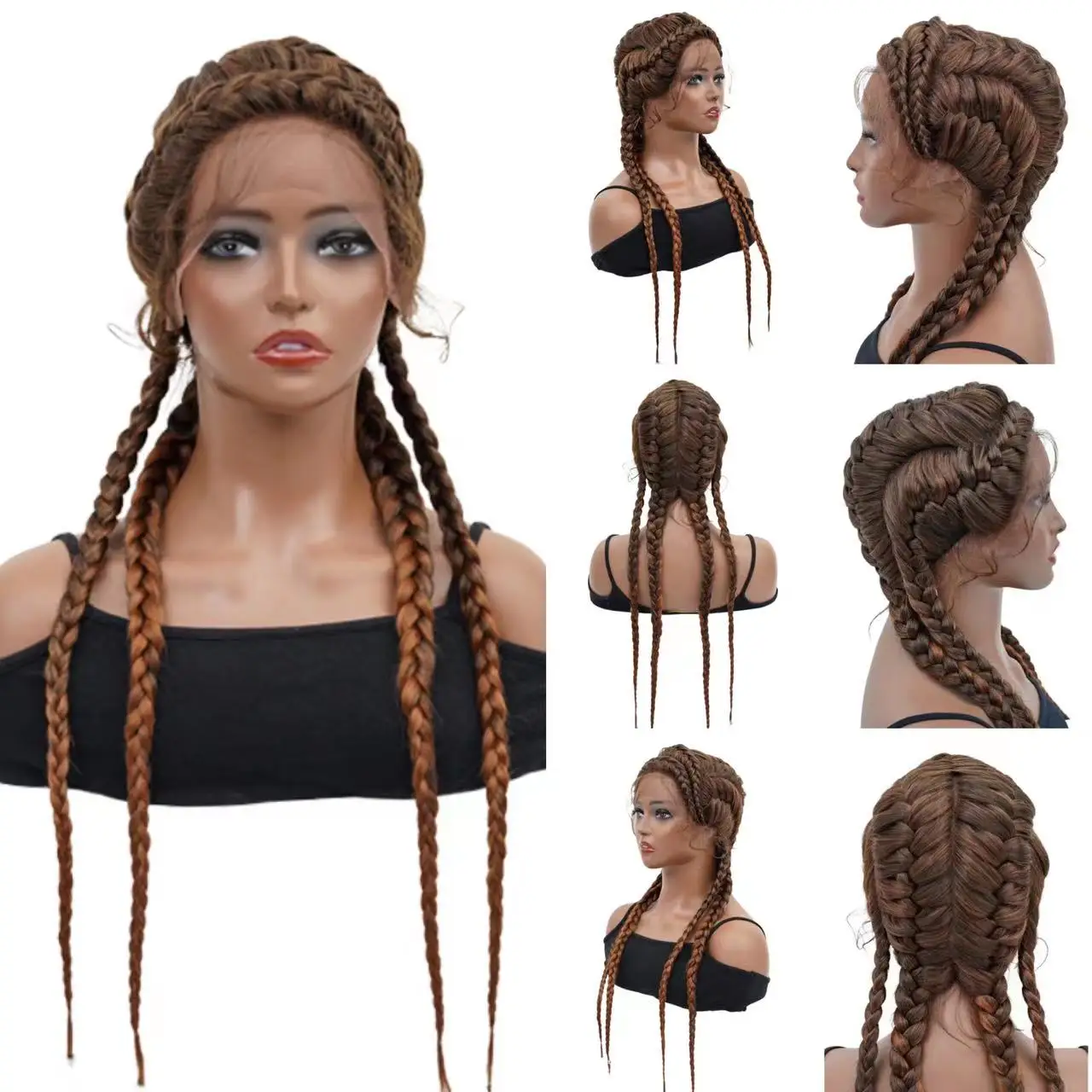 

Synthetic Lace Front Wigs Black Brown Wig with Baby Hair 100% Hand-Braided 4 Dutch Braids Brown for Women