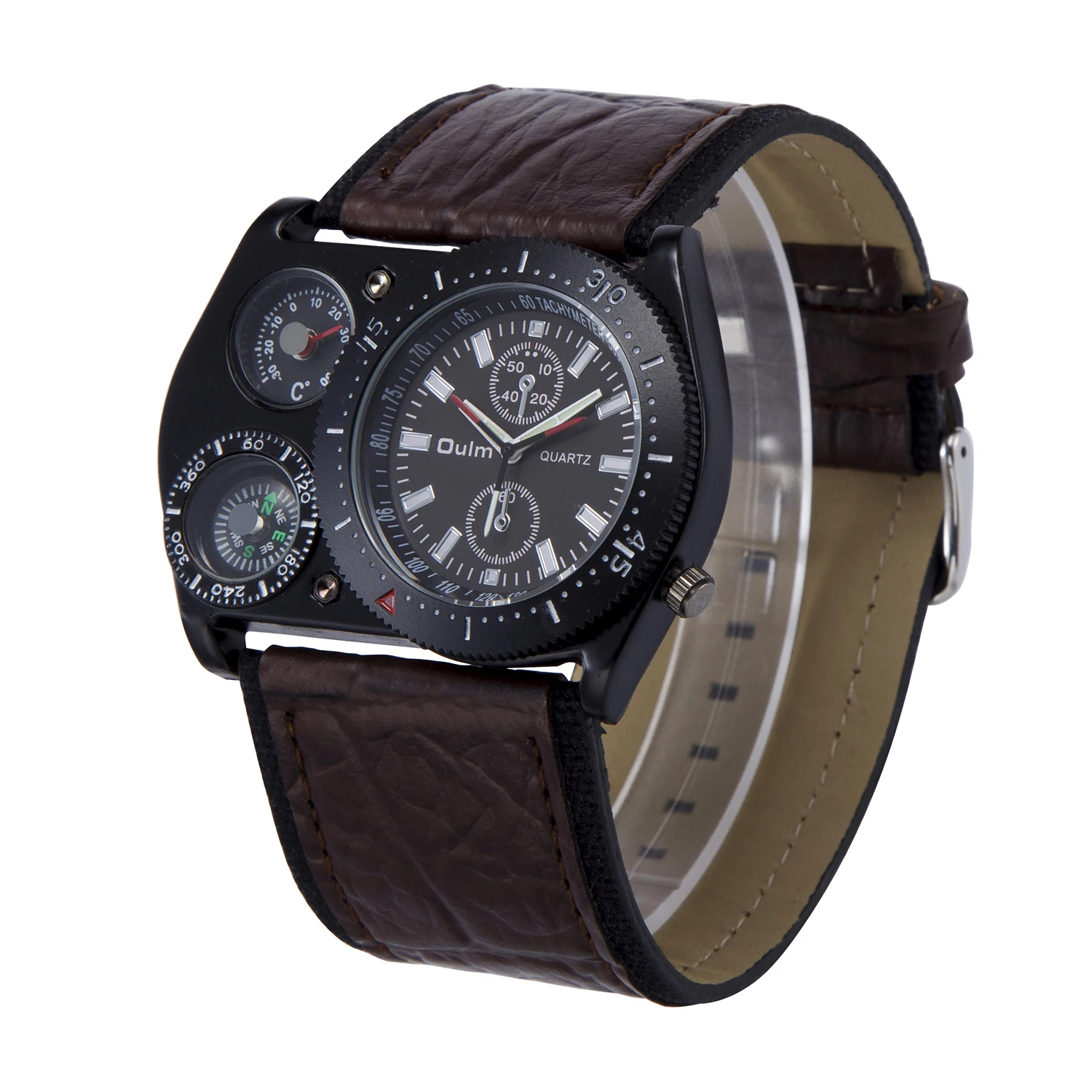 

OULM Men Big Face Outdoor Watches Designer Wide Leather Strap male Casual Quartz Watch with Compass Montre Boussole