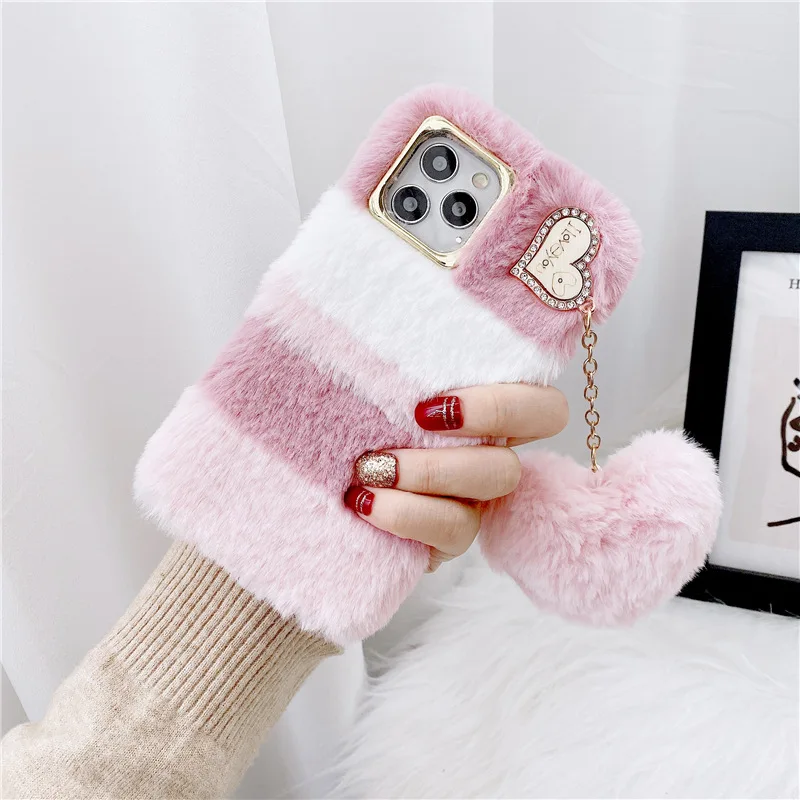 

Luxury Diamond Love Hairball Mobile Phone Case TPU Girl Fashion Plush Phone Case For iPhone 13/12/11 Pro Max XR XS MAX, Pink , blue , grey