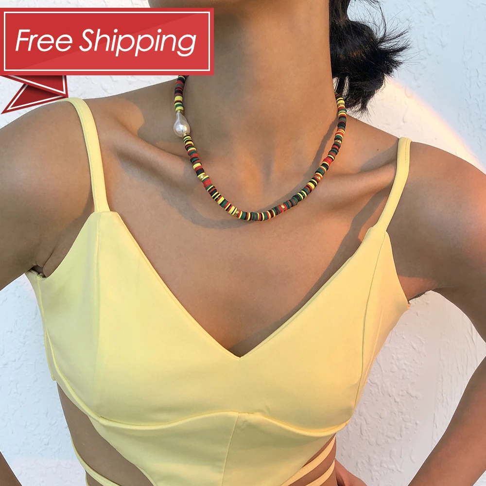 

USA Free Shipping Boho Fashion Trendy Colorful Soft Clay Bead Pearl Choker Women Jewelry Bohemian Necklace