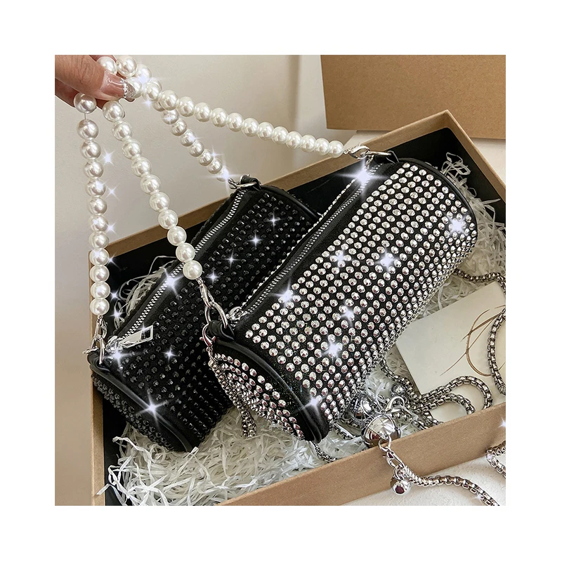 

Cylinder Luxury Shoulder Bag Diamonds Rivet Messenger Bag Purses Barrel-Shaped Chains Women Crossbody Bag Design Party Handbags