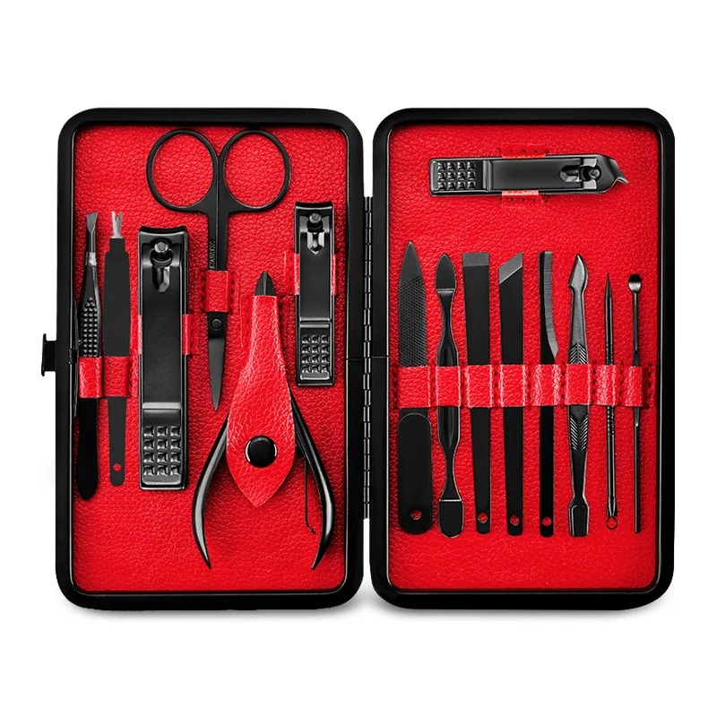 

Low moq. Sample available hand care 15pc professional stainless steel nail clipper manicure set gift for man, Black with red background