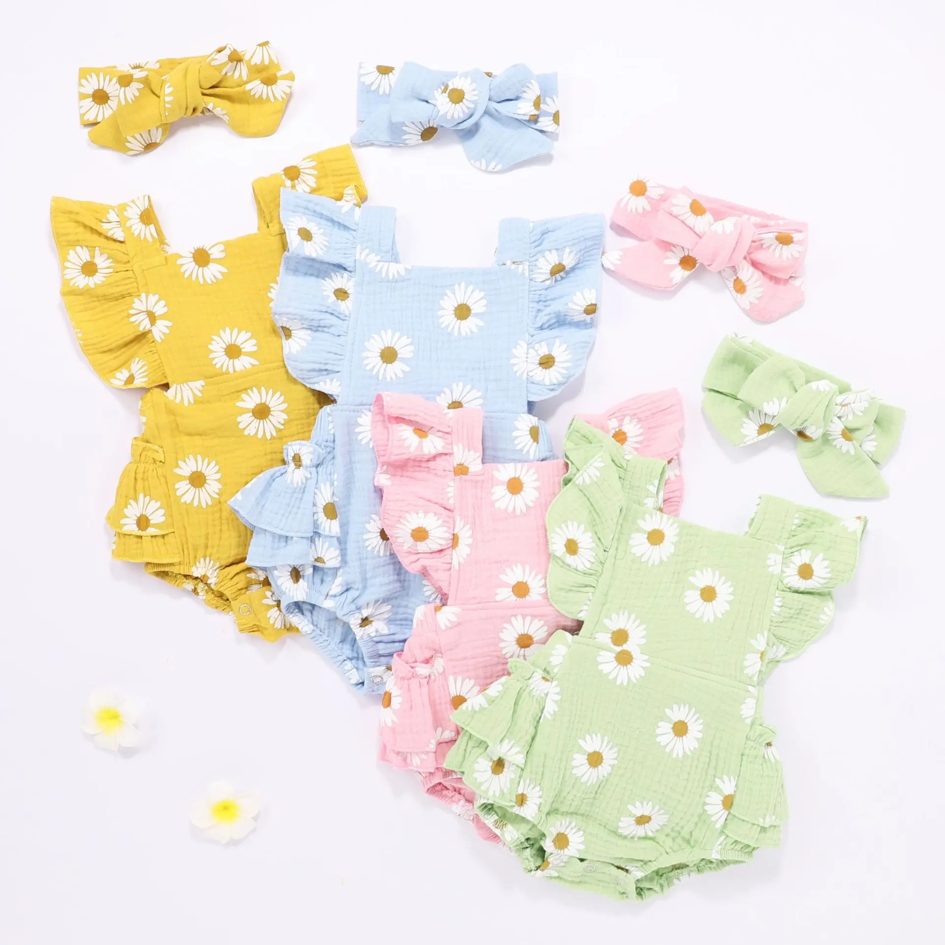 

2021 new infant girls summer clothes Linen ruffle floral tutu romper headband 2 pieces outfits baby girl clothing set, As pictures show